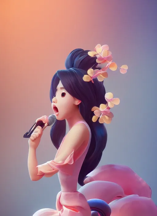 Image similar to a cute asian girl singing, flowing hair in the style of pixar animation, full body shot, low angle view, award winning, hyper detailed, studio lighting, artstation, octane renderer, unreal engine