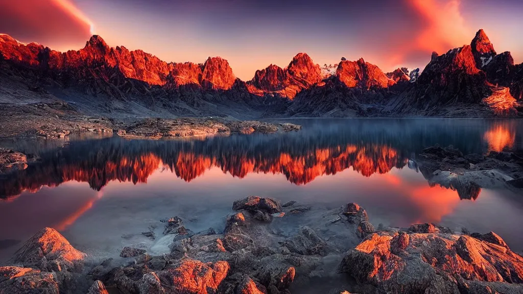 Image similar to amazing landscape photo of mountains with lake in sunset by marc adamus, beautiful dramatic lighting