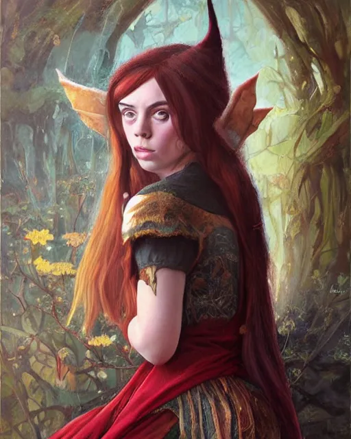 Image similar to billie eilish as a beautiful elf princess, oil painting, by laura sava