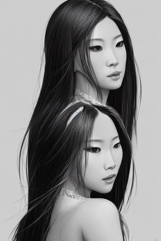 Image similar to a portrait of an lonely asian goddess, elegant, focus, long haircut, detailed, realistic eyes, horizontal partial symmetry features proportions, intricate facial details, cybertech wear, award winning, trending in cgsociety artstation deviant art