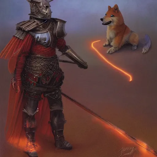 Image similar to anthropomorphic shiba inu, knight red armor, standing on hill of dead enemies, stuning fantasy 3 d render, masterpiece, glowing dark aura, by donato giancola and greg rutkowski and wayne barlow and zdzisław beksinski, realistic face