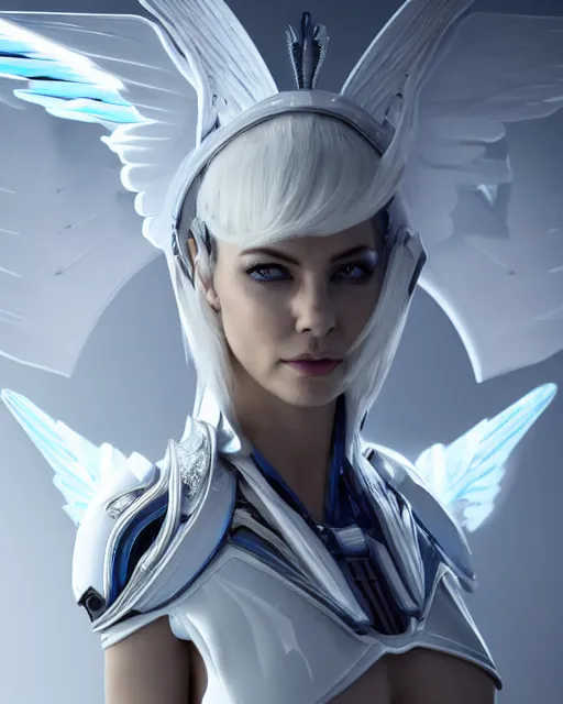 Image similar to perfect white haired attractive egyptian goddess with huge white dove wings, warframe armor, beautiful, symmetric, charlize theron, half asian, pretty face, blue eyes, cyborg, scifi platform, laboratory, experiment, 4 k, ultra realistic, epic lighting, android body, illuminated, cinematic, masterpiece, art by akihito tsukushi, voidstar