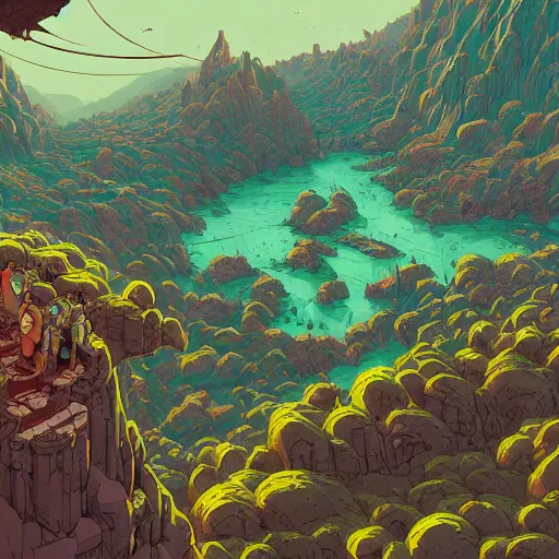 Image similar to cell shaded adult animation, a birds eye view overlooking a walled off ancient fantasy city being attacked by horrific monsters, surrounded by mountains and trees of greens and browns, rivers, concept art by josan gonzales and wlop, Laurie Greasley, Jordan Grimmer, Beksiński and james jean, highly detailed, sharp focus, Trending on Artstation, HQ, deviantart, art by artgem