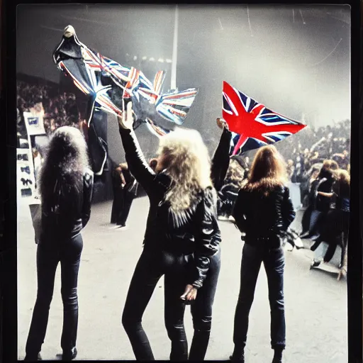 Image similar to 19-year-old girl wearing black leather jacket and denim jeans, New Wave of British Heavy Metal, 1981, Polaroid, crowd of longhairs, British flag, concert