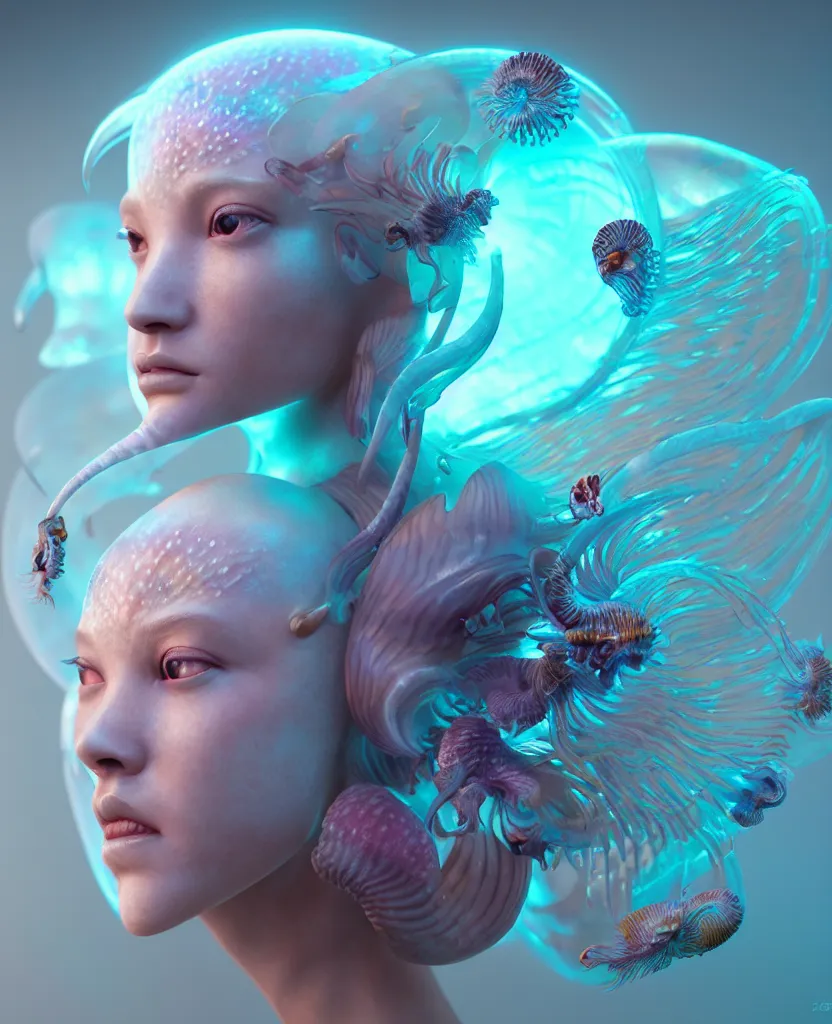 Image similar to goddess princess beautiful face close-up portrait ram skull zbrush sculpt. jellyfish phoenix head, nautilus, orchid, skull, betta fish, bioluminiscent creatures, intricate artwork by Tooth Wu and wlop and beeple. octane render, trending on artstation, greg rutkowski very coherent symmetrical artwork. cinematic, hyper realism, high detail, octane render, 8k