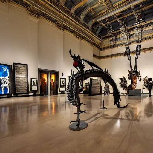 Prompt: a photo of the interior of the main hall of a museum, a dragon fossil museum, with dragon skelleton and with dragon information, 1 6 mm lens, neoclassical architecture, some kids are looking at the fossils amazed, volumetric lighting,