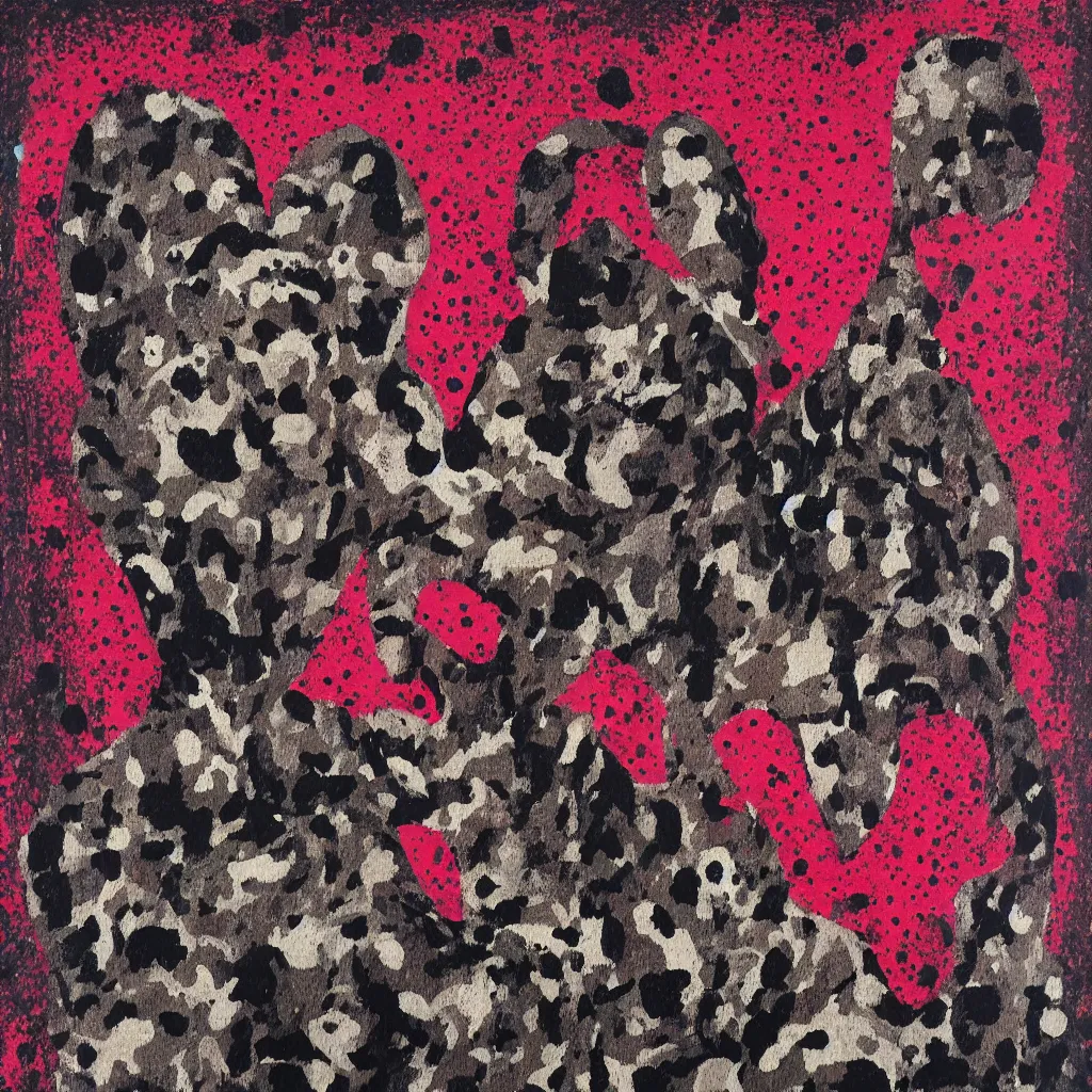 Prompt: camo made of hearts and smiling, abstract, francis bacon artwork, cryptic, dots, spots, stipple, lines, splotch, color tearing, pitch bending, faceless people, dark, ominous, eerie, hearts, minimal, points, technical, old painting, neon colors, folds