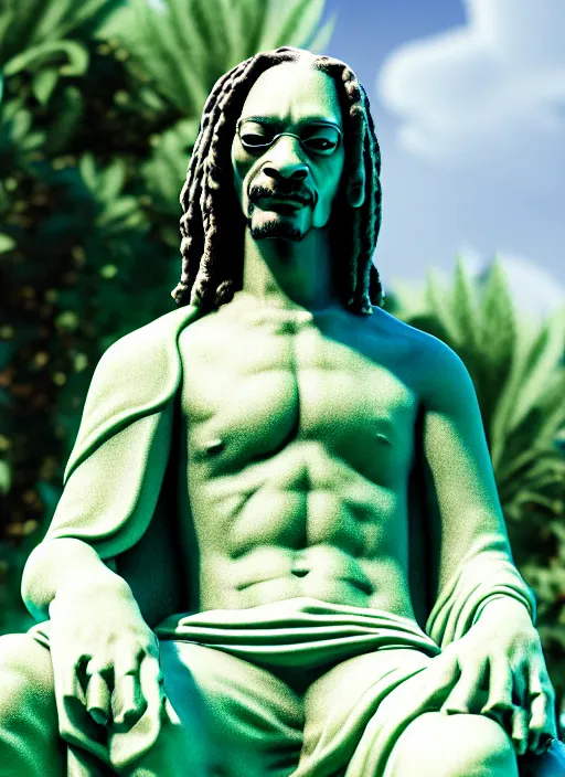Image similar to snoop dog as marble statue, soft surface texture, very realistic 3 d render, soft sun lights, 4 k, high detailed photography result, in marijuanas gardens, 5 0 mm lens