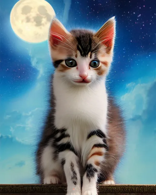 Image similar to a kitten on a rocket, photo, ultra detail, photoreal, professionally retouched, soft moonlight lighting, shiny plastic bikini, realistic, smooth face, goddess, luscious lips, perfect eyes, wide angle, sharp focus on eyes, 8 k high definition, insanely detailed, intricate, elegant, art by artgerm and wlop