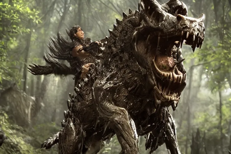 Image similar to vfx movie closeup detailed ancient armored warrior orc hunting riding large wolf in the forest, natural lighting by emmanuel lubezki