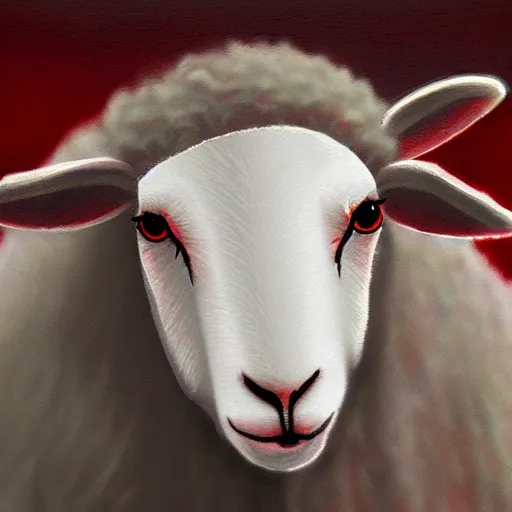 Image similar to Sheep with red whool and pointy vampire teeth, ambient lighting, highly detailed, mystic, tpg artwork