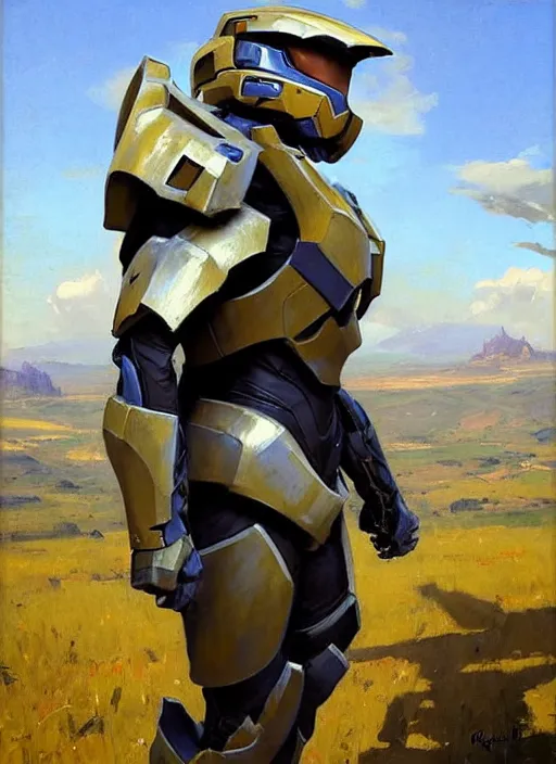 Image similar to Greg Manchess painting of a humanized Corgi wearing Forerunner Armor from Halo, countryside, calm, fantasy character portrait, dynamic pose, above view, sunny day, artwork by Jeremy Lipkin and Giuseppe Dangelico Pino and Michael Garmash and Rob Rey, very coherent asymmetrical artwork, sharp edges, perfect face, simple form, 100mm