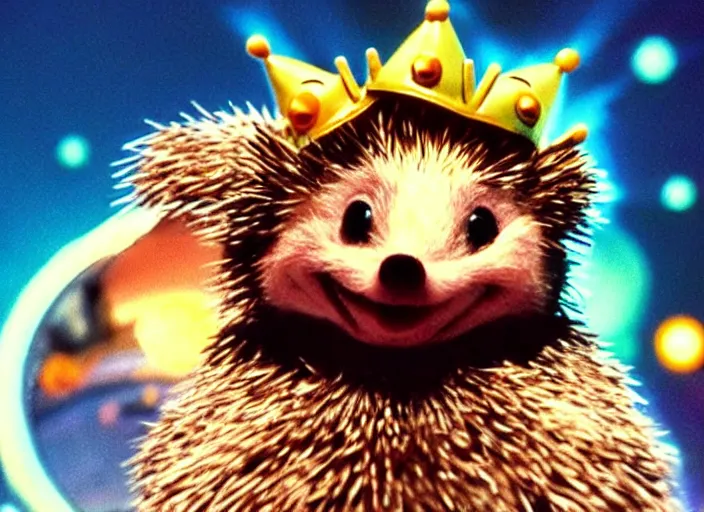 Image similar to a still from an animated disney movie from the 9 0 s, of a hedgehog wearing a crown, inside a scifi spaceship