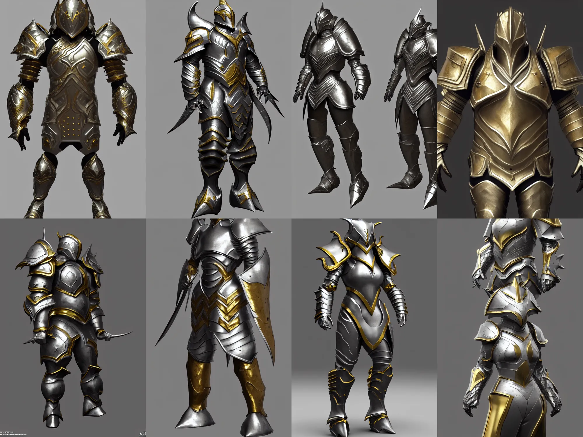Prompt: render of heavy fantasy armor, silver with gold trim, stunning, extremely clean, exaggerated proportions, trending on Artstation, fantasy character concept, HD Octane render