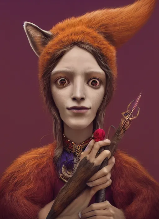 Image similar to an anthropomorphic beautiful female wizard portrait made of fox holding a staff wearing colourful robe, fine art, award winning, intricate, elegant, sharp focus, octane render, hyperrealistic, cinematic lighting, highly detailed, digital painting, 8 k concept art, art by jamie hewlett and z. w. gu, masterpiece, trending on artstation, 8 k