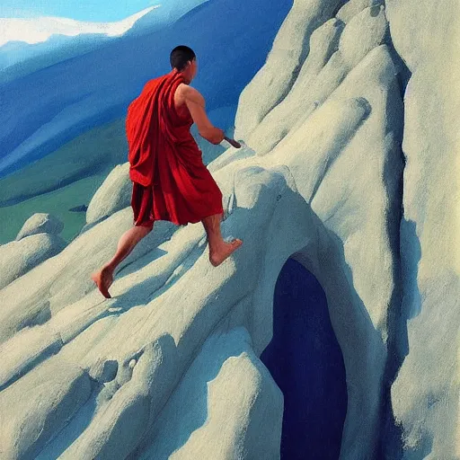 Image similar to ripped physique portrait of the astute monk blue robe climbing the treacherous mountain stairway to the monastery jamie wyeth james gilleard edward hopper greg rutkowski acrylic painting