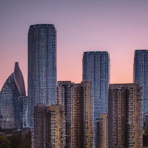 Image similar to a wide shot of a sci - fi beautiful neo - brutalist monumental multi - building structure, tall buildings with spaceship parking lots on top, with many rounded elements sprouting from the base tower creating a feel of an organic structure, photography shot at blue hour