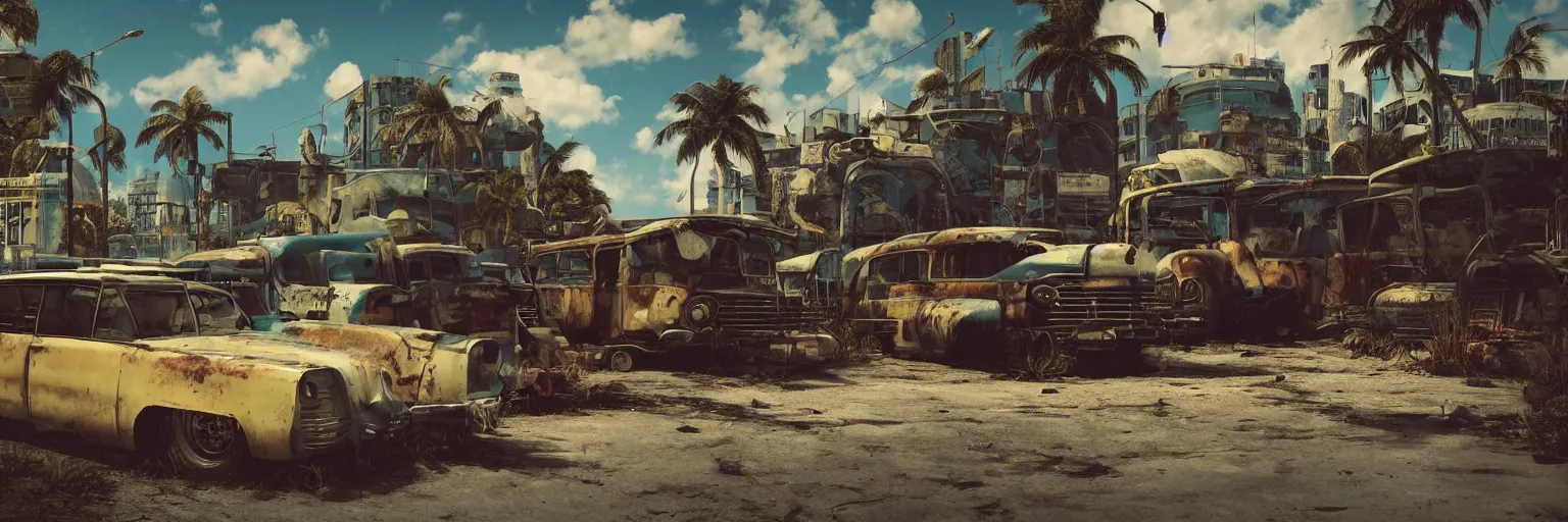 Image similar to fallout 5 : miami, outdoors ruined tropical city, rusted retro futuristic vintage styled parked vehicles like cars, buses, trucks, atmospheric lighting, painted, intricate, volumetric lighting, summer, sunny weather, few clouds, sharp focus, deep colours, ultra detailed, by leesha hannigan, ross tran, thierry doizon, kai carpenter, ignacio fernandez rios