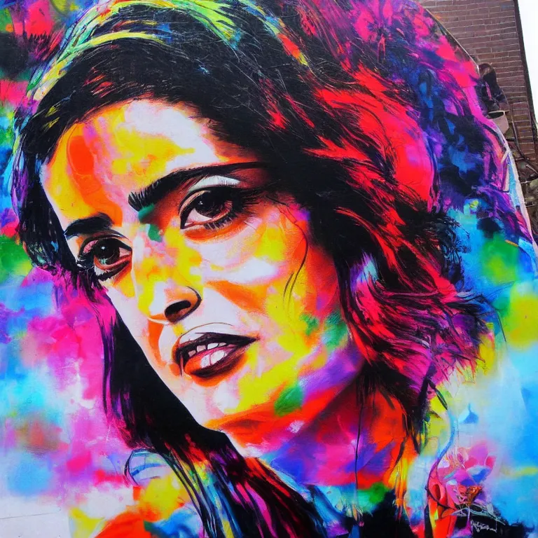 Prompt: Street-art portrait of salma hayek in style of Eduardo Kobra, photorealism
