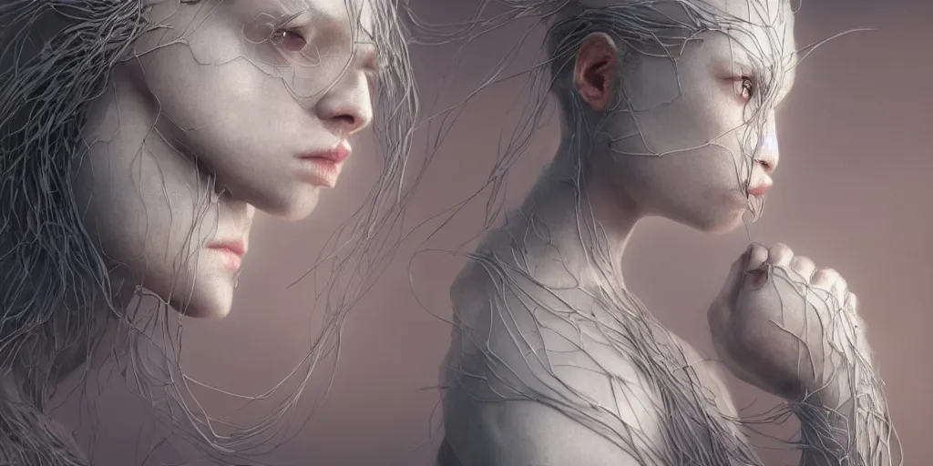 Prompt: hyperrealistic photography of a stunningly cyborg female, intimate,, kissing, delicate threads, in the style of beth cavener, jin kagetsu,, and wlop, highly detailed, intricate filigree, chrome face symmetry, masterpiece, award - winning, sharp focus, concept art, high key, ambient lighting, 8 k, octane render, artstation