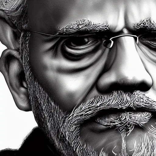 Prompt: Narendra Modi portrait,close up ,creepy atmosphere,gloomy lighting , digital art , highly detailed , high contrast, beautiful lighting, award winning , trending on art station, 8k, photo realistic