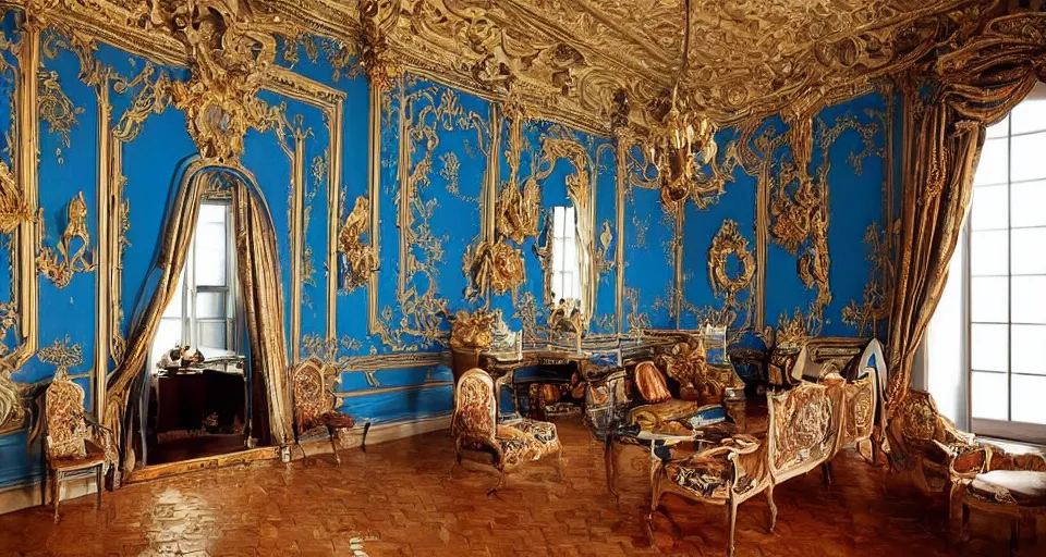 Prompt: view into an ornate baroque room with blue damask walls and dark mahogany floor and window looking out at a view of cliffs and sea