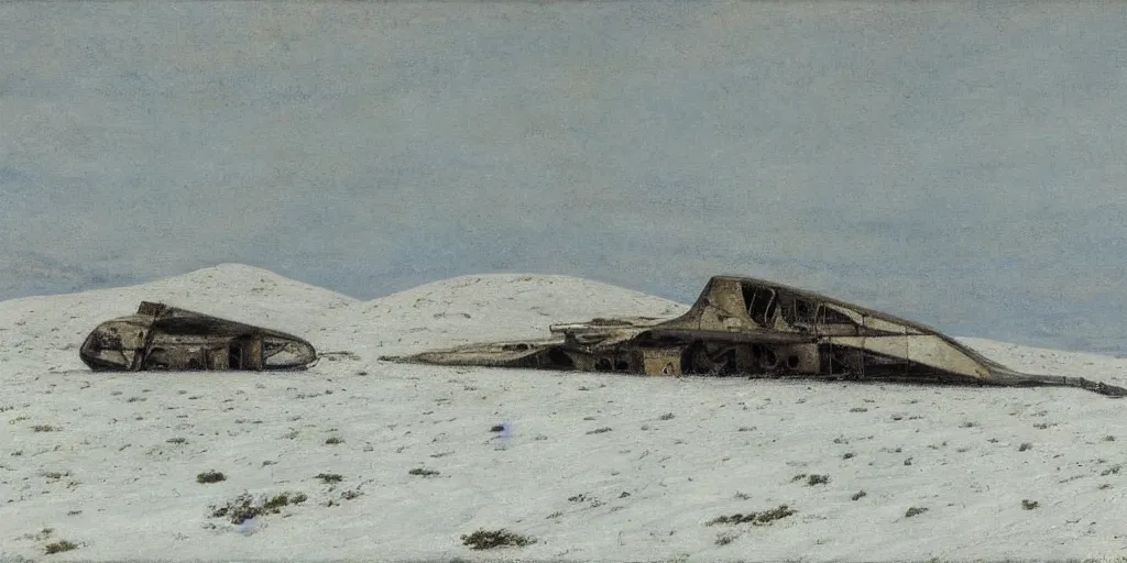 Prompt: ruined starship on tansy field at foot on snowy mountain by Fernand Khnopff, oil painting