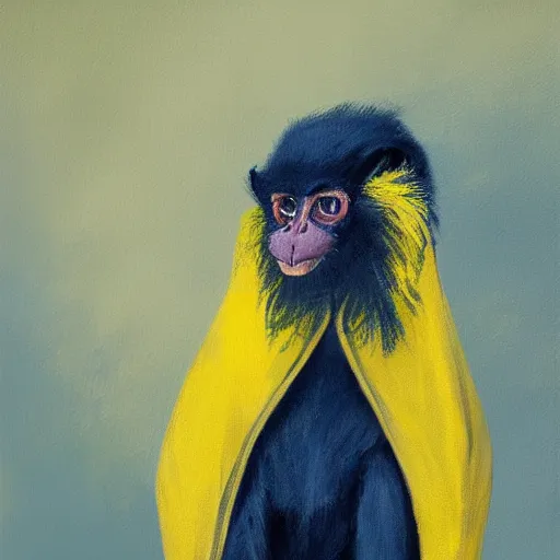 Image similar to long - eared monkey - crow creature wearing a raincoat, tonalist painting, prussian blue and azo yellow, dramatic lighting