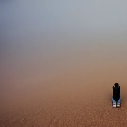 Image similar to man sitting on top peak mountain looking at huge vast sandstorm dust tornado desert