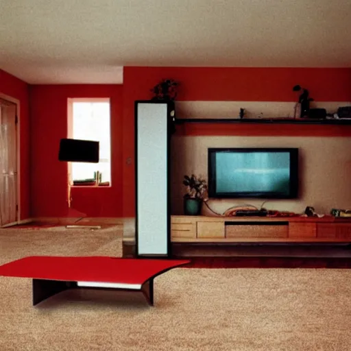 Prompt: a 1990's photo of a living room, tv, game console, carpet, nostalgic