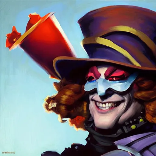 Image similar to greg manchess portrait painting of armored mad hatter from alice in wonderland as overwatch character, wacky, medium shot, asymmetrical, profile picture, organic painting, sunny day, matte painting, bold shapes, hard edges, street art, trending on artstation, by huang guangjian and gil elvgren and jesper ejsing