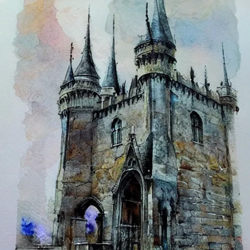 Image similar to (((((((watercolor sketch of Gothic revival castle gatehouse. painterly, book illustration watercolor granular splatter dripping paper texture. pen and ink))))))) . muted colors. by Jean-Baptiste Monge !!!!!!!!!!!!!!!!!!!!!!!!!!!!!!!!!!!!!!!!