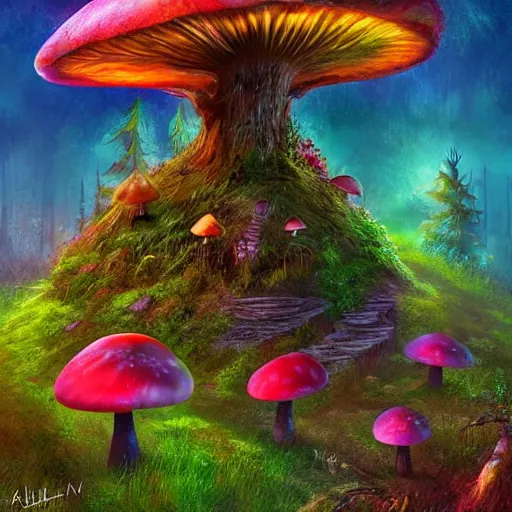 Image similar to Surreal hut in a fantasy forest, colorful mushrooms, artstation, award-winning!!!