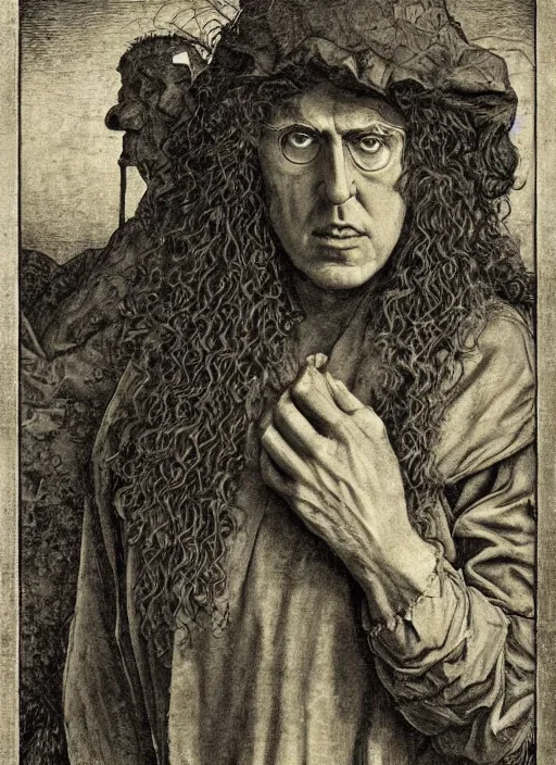 Image similar to Portrait of Weird Al Yankovic, Bruegel, Hieronymus Bosch, epic, Franklin Booth, heavily detailed, maxfield parrish, realistic lighting