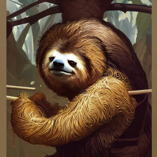 Prompt: detailed science - fiction character portrait of a sloth eating sushi, intricate, wild, highly detailed, digital painting, artstation, concept art, smooth, sharp focus, illustration, art by artgerm and greg rutkowski and alphonse mucha