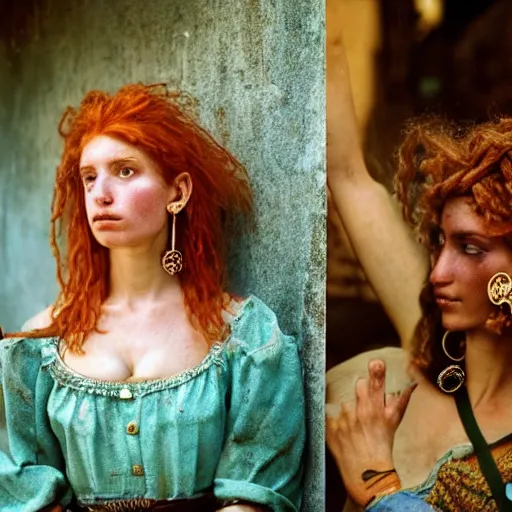 Prompt: Beautiful 17th Century Barbary Coast pirate female models with Ginger hair and Golden hooped earrings photography by Steve McCurry