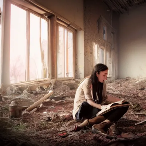 Prompt: a young woman finds a dusty diary on the floor of an abandoned farmhouse, post apocalyptic