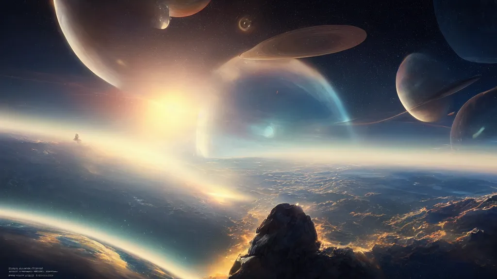 Prompt: A view from earth of three suns in the sky, art by Jessica Rossier,