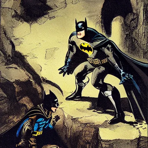 Prompt: batman and robin in the batcave by goya