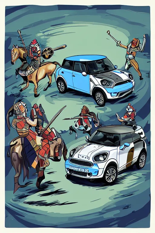 Image similar to “Poster of Blue Mini Cooper Countryman Hybrid and Viking horsemen in a battle. Retro cartoon caricature.”