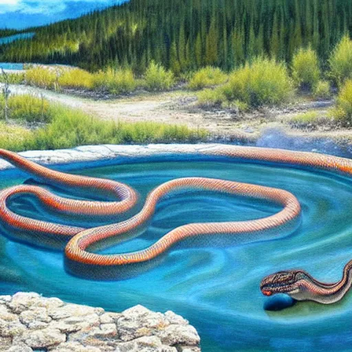 Image similar to oversized snake in a hotspring at yellowstone national park, highly detailed oil painting, featured on artstation