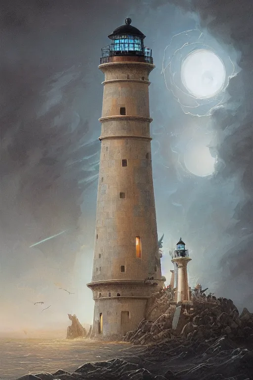 Prompt: Detailed Exterior Shot of Lighthouse of Alexandria, light of sorrow, moonlight shafts, swarm of bats, dim atmosphere, in Style of Peter Mohrbacher, cinematic lighting