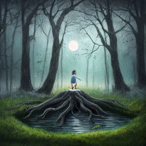 Image similar to highly realistic painting of a towering misty dark fantasy forest surrounding a pond, a girl sits on the roots of an ancient tree looking up at the moon, spooky fog, fantasy painting hd
