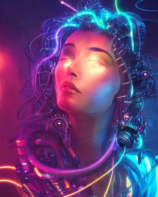 Image similar to a cyberpunk close up portrait of cyborg medusa, electricity, rainbow, snakes in hair, sparks, bokeh, soft focus, skin tones, warm, daylight, geometric, by unreal engine, paul lehr, jesper ejsing