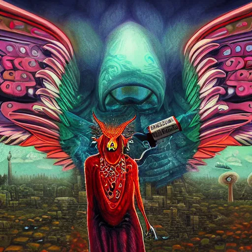 Image similar to 8K headshot Portrait of centered chest up of a psychedelic godlike mothman with giant mandala wings smoking a hand-rolled cigarette smoking heavily , magic mushroom village in background , post-processing , award winning. superb resolution. in the art style of junji Ito and greg rutkowski . Detailed Mushroom city in background. Hyper realistic anime. Perfect art. Dalle2