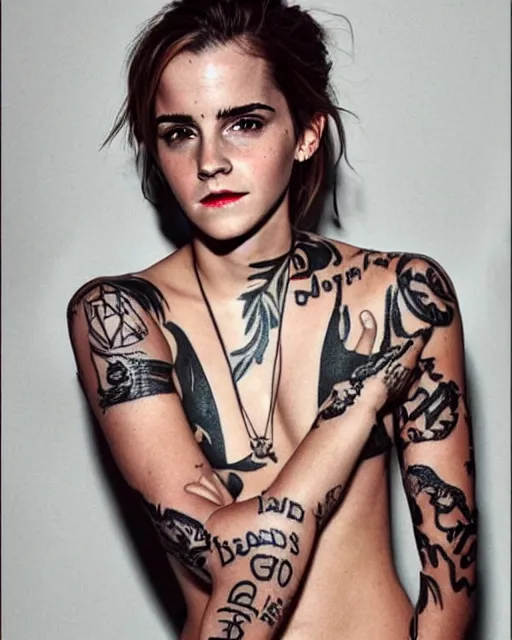 Image similar to emma watson, dope tattoo, hyperrealistic