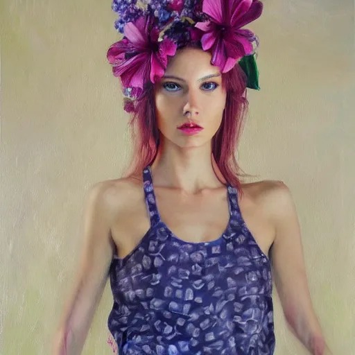 Image similar to hyperrealist oil painting of flowerpunk fashion model, portrait, painting by raphael