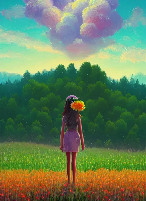 Image similar to girl with one flower head, in a field with flowers, hills, big trees, sunrise dramatic light, impressionist painting, colorful clouds, digital painting, pointillism, artstation, simon stalenhag