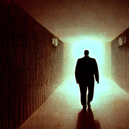 Prompt: dolly zoom stretch shot of a impossibly long hallway at the overlook hotel from the movie the shining, moody lighting, smoke effects, strobe lights, particle effects, atmospheric, in the style of stanley kubrick - h 6 4 0