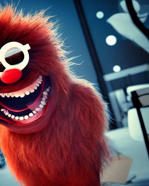 Prompt: 3 d render of completely red hairy friendly monster smiling wearing chrome shades, cute, cartoony, white background, unreal engine 5